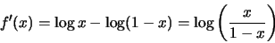 \begin{displaymath}f'(x) = \log x - \log (1 - x) = \log \left(\frac{x}{1 - x}\right)\end{displaymath}