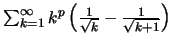 $\sum_{k=1}^\infty k^p \left(\frac{1}{\sqrt{k}} - \frac{1}{\sqrt{k+1}}\right)$