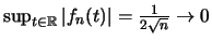 $\sup _{t \in \mathbb R} \vert f_n(t)\vert = \frac{1}{2 \sqrt{n}} \rightarrow 0$