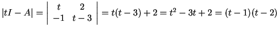 $\vert tI-A\vert=
\left\vert\begin{array}{cc}
t & 2\\
-1 & t-3
\end{array}\right\vert=t(t-3)+2=t^2-3t+2=(t-1)(t-2)$