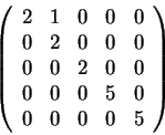 \begin{displaymath}\left(\begin{array}{ccccc}
2 & 1 & 0 & 0 & 0\\
0 & 2 & 0 & 0...
... 0\\
0 & 0 & 0 & 5 & 0\\
0 & 0 & 0 & 0 & 5
\end{array}\right)\end{displaymath}