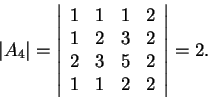 \begin{displaymath}\vert A_4\vert=\left\vert\begin{array}{cccc}
1 & 1 & 1 & 2\\...
...\\
2 & 3 & 5 & 2\\
1 & 1 & 2 & 2
\end{array}\right\vert=2.\end{displaymath}