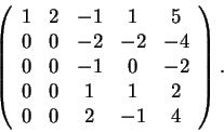 \begin{displaymath}\left(\begin{array}{ccccc} 1 & 2 & -1 & 1 & 5\\ 0 & 0
& -2 &...
...\\ 0 & 0 & 1 & 1 & 2\\ 0 & 0
& 2 & -1 & 4
\end{array}\right).\end{displaymath}