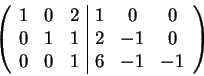 \begin{displaymath}\left(\begin{array}{ccc\vert ccc}
1 & 0 & 2 & 1 & 0 & 0\\
...
... 1 & 2 & -1 & 0\\
0 & 0 & 1 & 6 & -1 & -1
\end{array}\right)\end{displaymath}