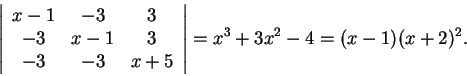 \begin{displaymath}\left\vert\begin{array}{ccc}
x-1 & -3 & 3\\
-3 & x-1 & 3 \\
-3 & -3 & x+5
\end{array}\right\vert=x^3+3x^2-4=(x-1)(x+2)^2.\end{displaymath}
