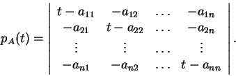 \begin{displaymath}p_A(t)=\left\vert\begin{array}{cccc}
t-a_{11} & -a_{12} & \ld...
...
-a_{n1} & -a_{n2} & \ldots & t-a_{nn}
\end{array}\right\vert.\end{displaymath}