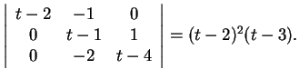 $\left\vert\begin{array}{ccc}t-2 & -1 &0\\ 0 & t-1 & 1\\ 0 & -2 &
t-4\end{array}\right\vert=(t-2)^2(t-3).$