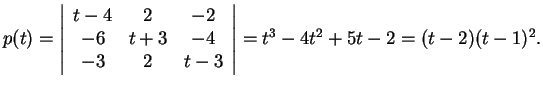 $p(t)=\left\vert\begin{array}{ccc}
t-4 & 2 & -2\\
-6 & t+3 & -4\\
-3 & 2 & t-3
\end{array}\right\vert=t^3-4t^2+5t-2=(t-2)(t-1)^2.$