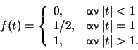 \begin{displaymath}f(t)=\left\{
\begin{array}{ll}
0, &\hbox{}\; \vert t\vert<...
...vert=1 \\
1, &\hbox{}\; \vert t\vert>1.
\end{array}\right.
\end{displaymath}